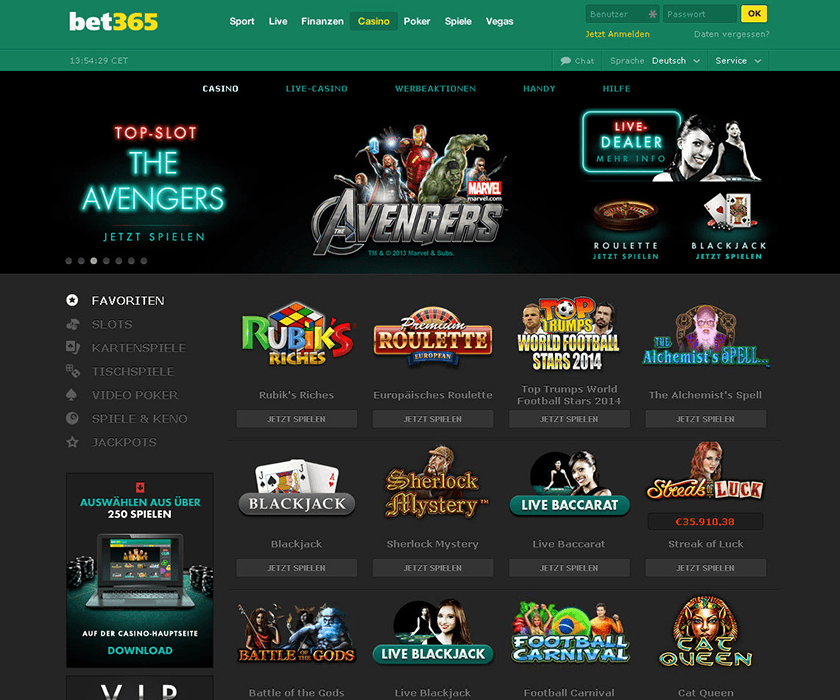 Die leichte Navigation der Bet365 Casinoseite