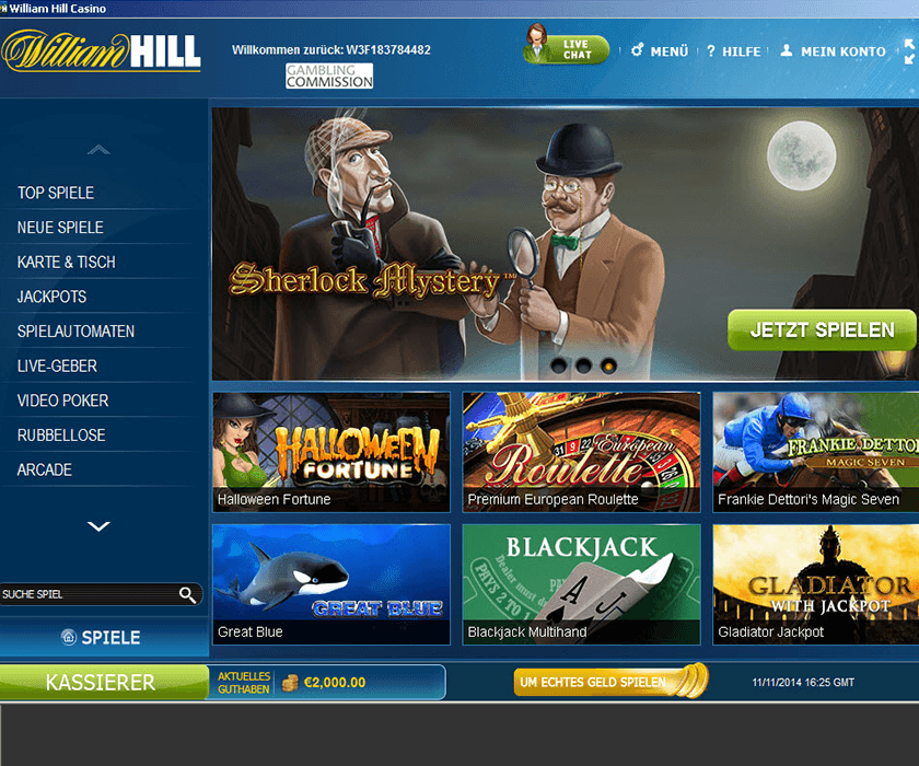 die übersichtliche William Hill Casino Lobby