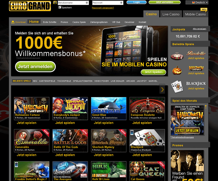 Startseite des Eurogrand Casinos